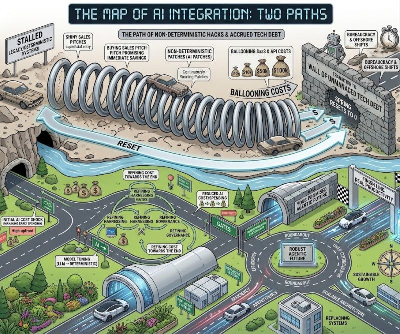 The map of AI integration: two paths. Top: a compressing spring of quick wins, ballooning costs, and a wall of unmanaged tech debt. Bottom: a road of refining, harnessing, and governing toward real productivity.